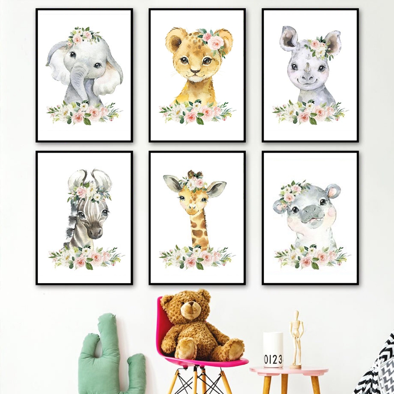 Baby Nursery Giraffe - ภาพพิมพ์บนผ้าใบลายดอกไม้และสัตว์ป่า ตกแต่งห้องเด็ก ลายช้าง ยีราฟ ภาพวาดติดผนัง โปสเตอร์สไตล์นอร์ดิก
