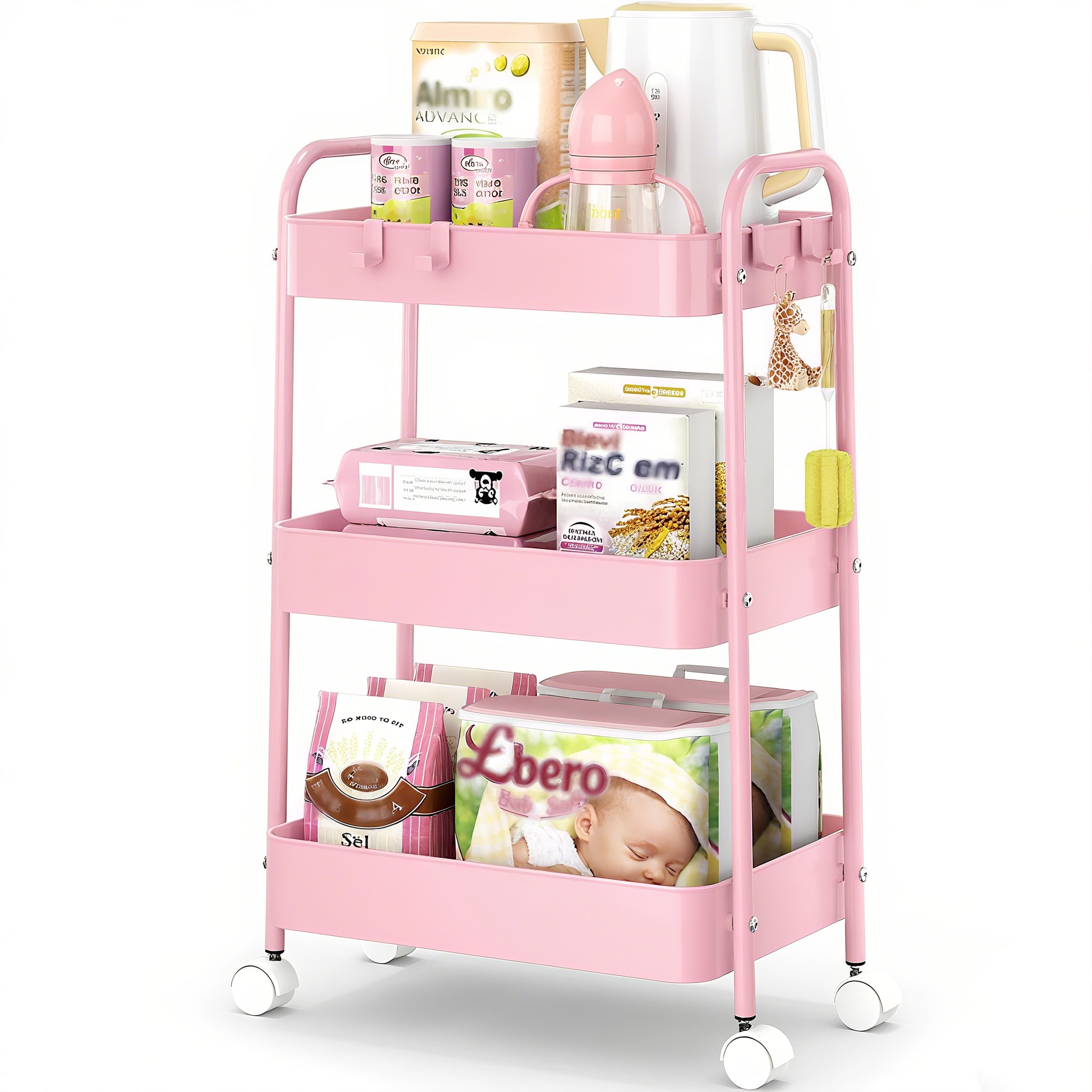 Baby Nursery Trolley - รถเข็นโลหะ 3 ชั้นพร้อมล้อเลื่อน สีชมพูทันสมัย รถเข็นเก็บของอเนกประสงค์พร้อมตะกร้าตาข่ายแข็งแรง ทนทาน