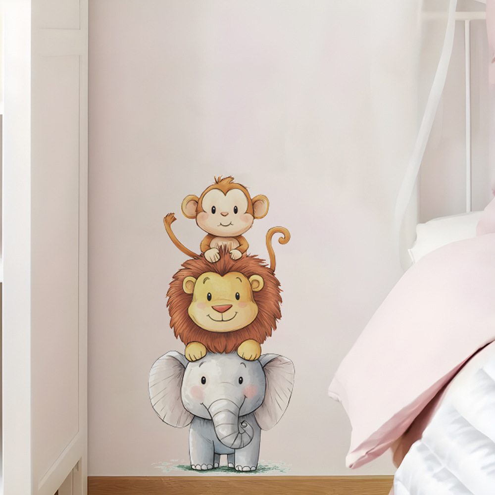 Baby Nursery Vinyl Wall Stickers - สติ๊กเกอร์ติดผนังรูปสัตว์ป่าแสนน่ารักสำหรับห้องเด็ก ตกแต่งห้องเด็ก วอลเปเปอร์ไวนิล ช้าง สิงโต