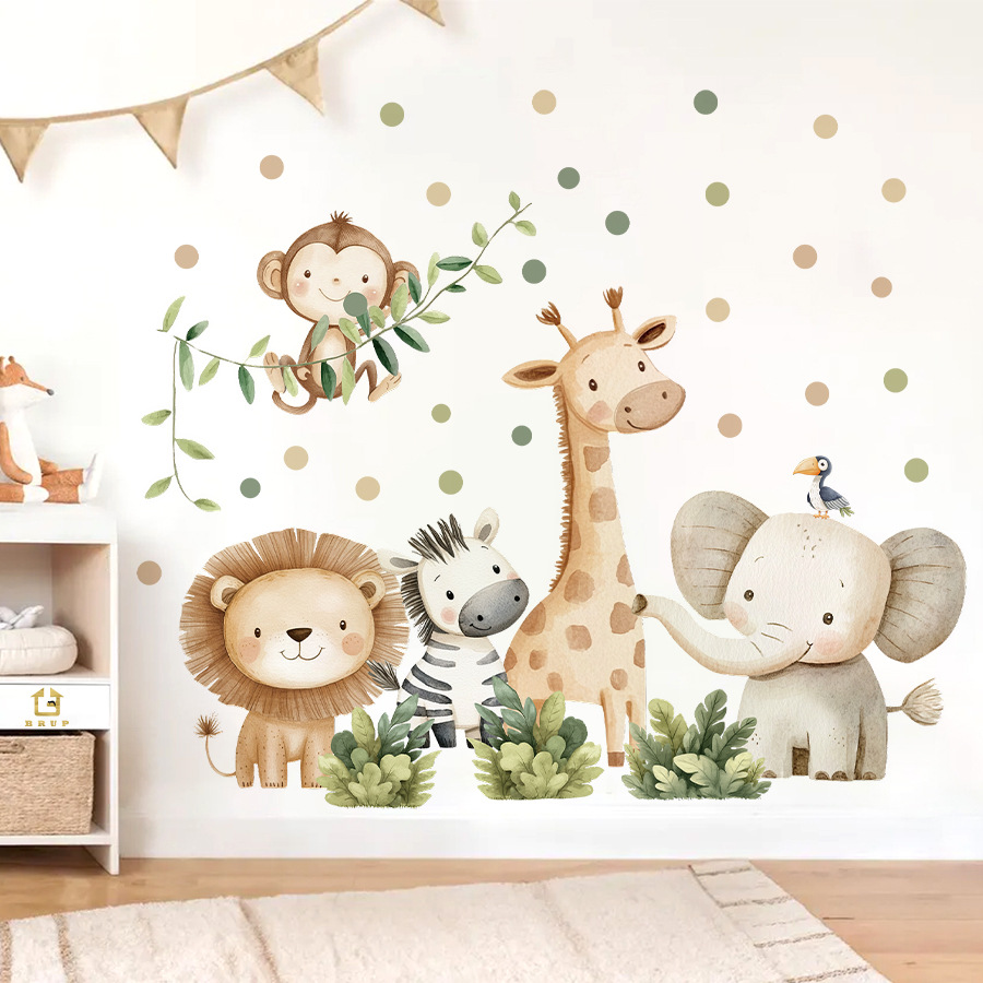 Baby Nursery Set Furniture - Boho สัตว์ป่าสติ๊กเกอร์ติดผนังสําหรับห้องพักเด็กเด็กผู้หญิงเด็กตกแต่งห้องเนอสเซอรี่วอลล์เปเปอร์ช้างยีราฟลิงสิงโต