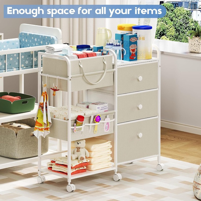 Baby Nursery Utility Cart - รถเข็นเก็บของใช้เด็กอ่อนขนาดใหญ่ 3 ชั้น พร้อมลิ้นชักเก็บของเคลื่อนที่ ชั้นวางของอเนกประสงค์สำหรับห้องเด็กอ่อนและห้องนั่งเล่น
