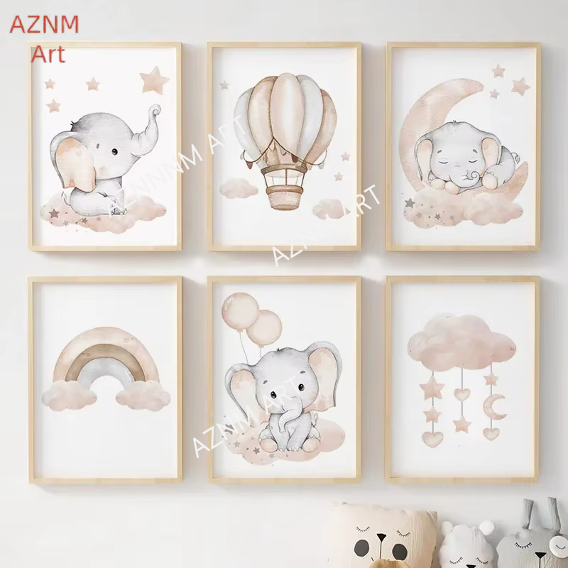 Baby Nursery Room - โปสเตอร์รูปช้าง บอลลูน สายรุ้ง ดวงจันทร์ ดาว เมฆ