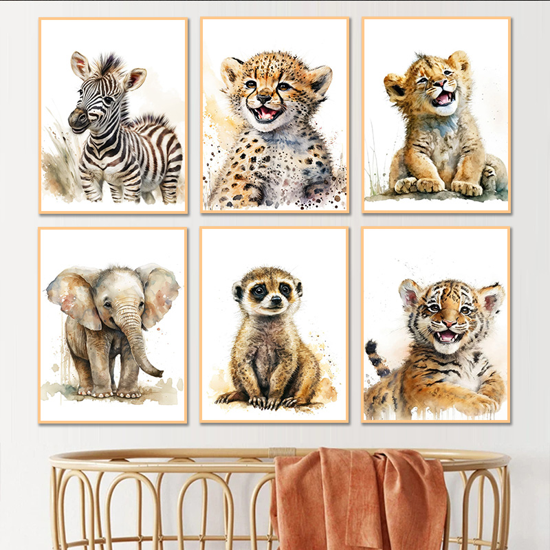 Baby Nursery Giraffe - สีน้ำสัตว์ ลูกเสือชีตาห์ ยีราฟ ช้าง เมียร์แคท ม้าลาย