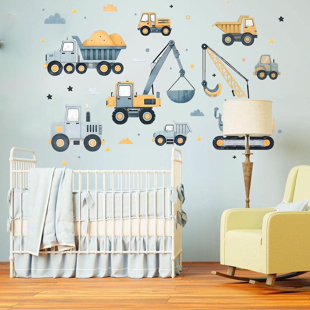 Baby Nursery Vinyl - การ์ตูนรถขุดยานพาหนะชุดสติ๊กเกอร์ติดผนังรถห้องเด็กเล่นก่อสร้างอาคารรถบรรทุกเครนรูปลอกผนังสําหรับตกแต่งห้องเด็ก