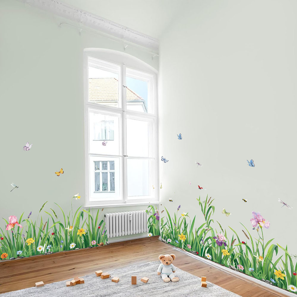 Baby Nursery Plants - สติ๊กเกอร์ติดผนังลายดอกไม้หญ้าสีเขียว สำหรับห้องเด็ก ห้องนอนเด็ก ลายต้นไม้ ผีเสื้อ ระเบียง