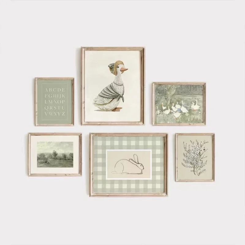 Baby Nursery Room - โปสเตอร์ติดผนังห้องเด็กสไตล์โบฮีเมียนสีเขียว ลายกระต่ายและเป็ดสีเขียวอมเทา สำหรับการเรียนรู้ในวัยเด็ก ตกแต่งห้องนอน ห้องนั่งเล่น รุ่น