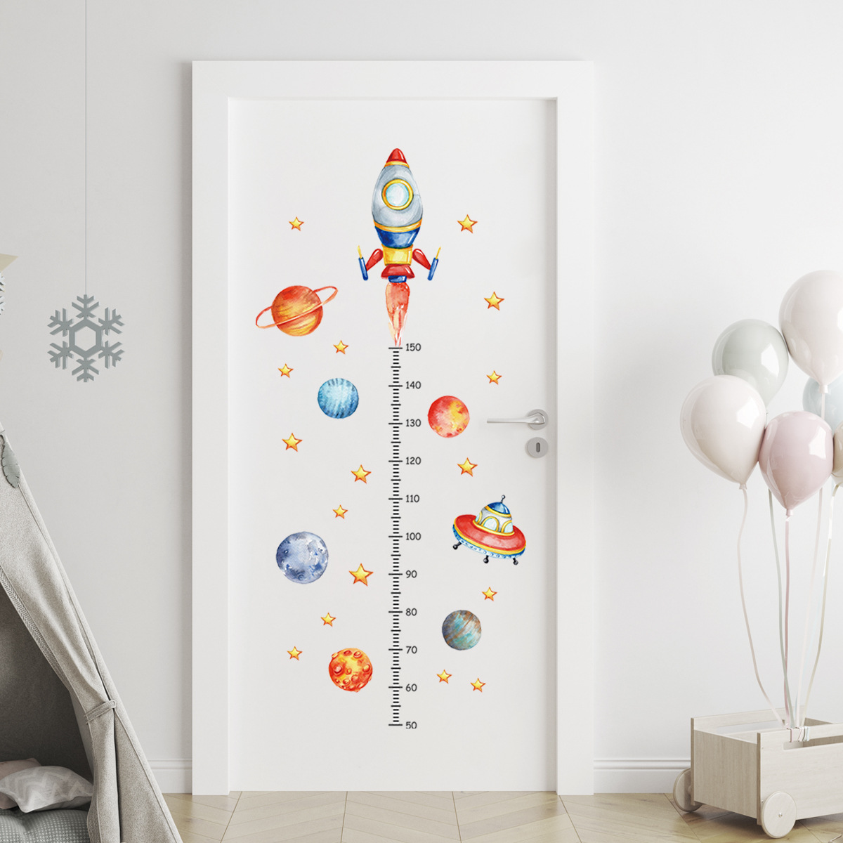 Baby Nursery Vinyl - การ์ตูน Planet Rocket การวัดความสูงสติ๊กเกอร์ติดผนังสําหรับห้องเด็กห้องเด็กทารกความสูง Roller Grow