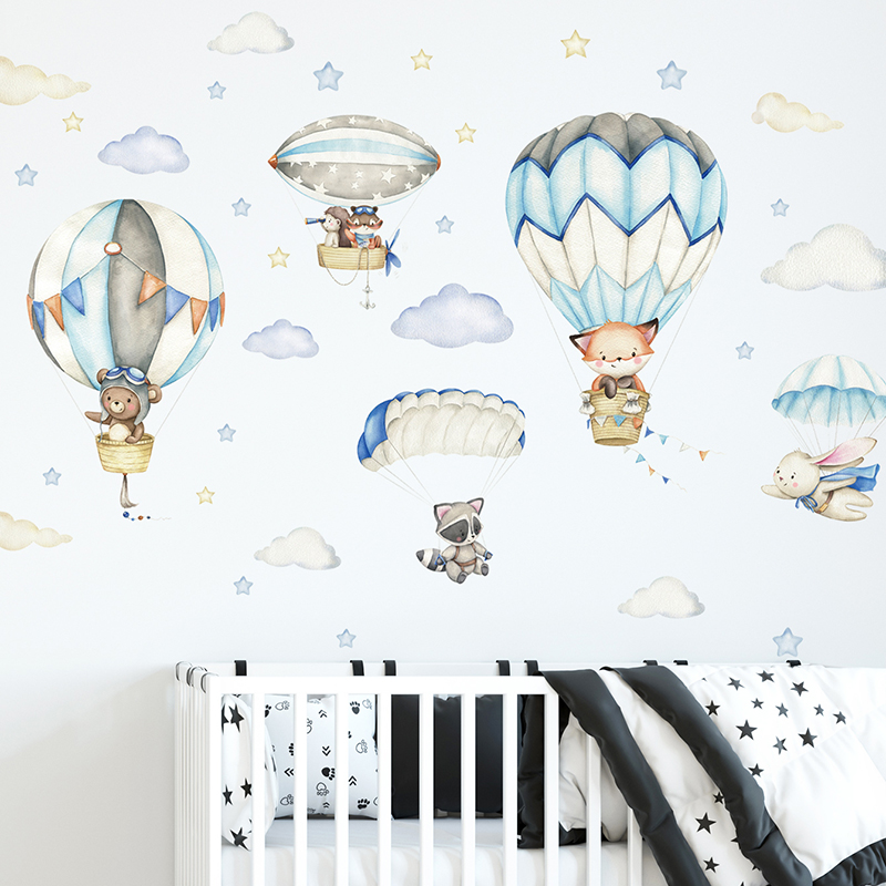 Baby Nursery Vinyl - การ์ตูนสัตว์น่ารัก Hot Air บอลลูนสติ๊กเกอร์ติดผนังสําหรับห้องเด็ก Baby Nursery
