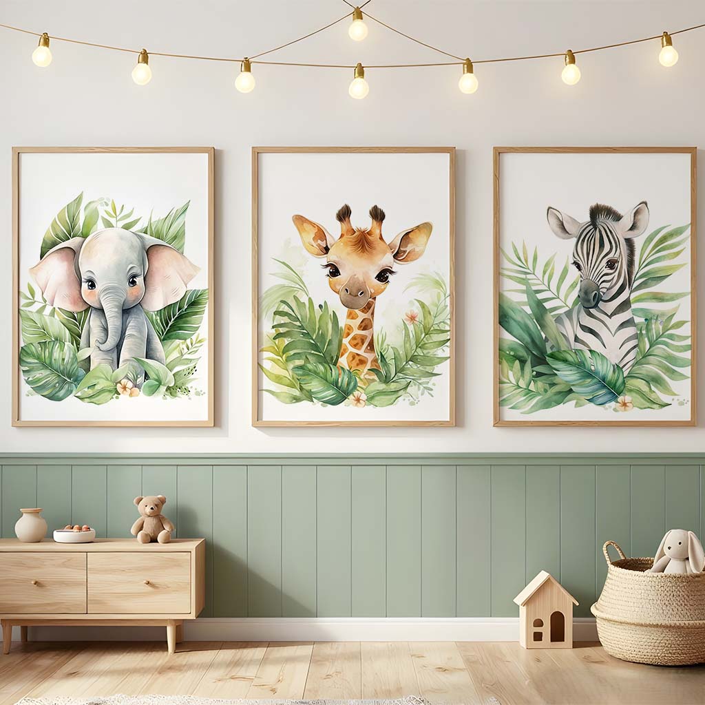 Baby Nursery Plants - ศิลปะติดผนังสำหรับห้องเด็ก, ภาพวาดบนผ้าใบลายยีราฟ ช้าง ม้าลาย น่ารัก สไตล์ซาฟารี,