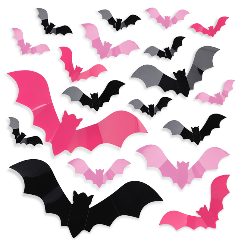 Baby Nursery Vinyl - 24/48Pcs ฮาโลวีนค้างคาวสีชมพูสติกเกอร์หน้าต่าง 3D Spooky BAT Wall