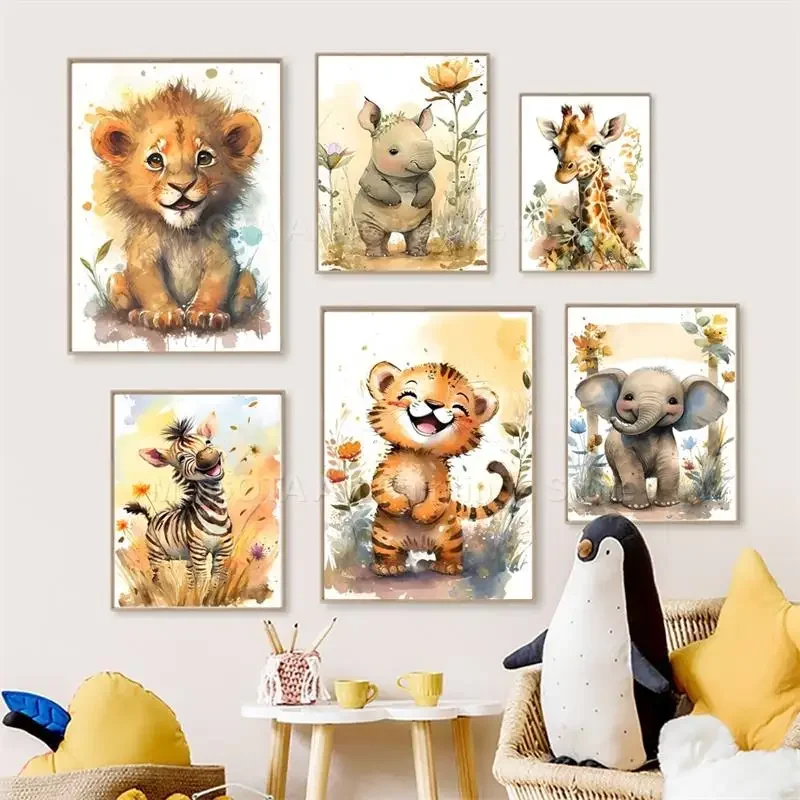 Baby Nursery Giraffe - ภาพวาดสีน้ำ ลายสิงโต ยีราฟ เสือ ช้าง ม้าลาย