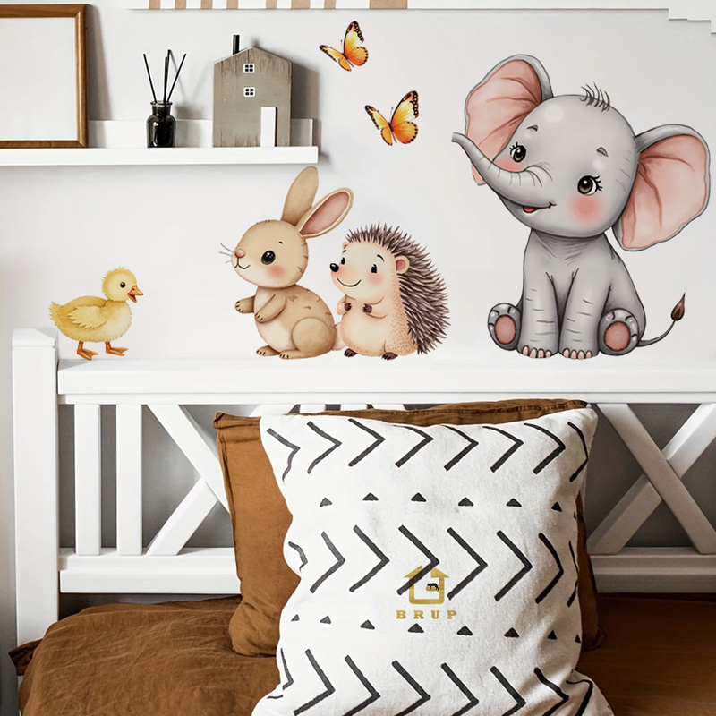 Baby Nursery Room - การ์ตูนสัตว์สติ๊กเกอร์ติดผนัง-ช้างกระต่ายเม่นเนอสเซอรี่รูปลอกที่ถอดออกได้เด็กตกแต่งห้องเด็กเล่น Wall Art Home