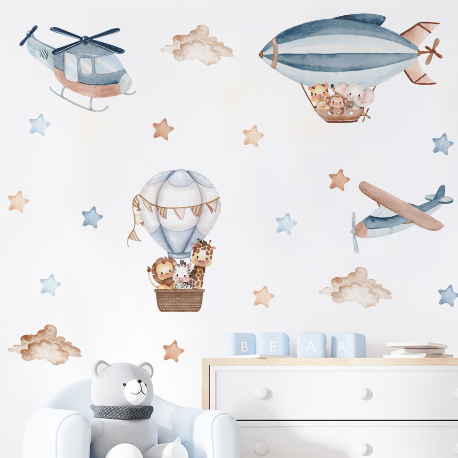 Baby Nursery Set Furniture - สีน้ําสัตว์ Hot Air บอลลูนเมฆสติ๊กเกอร์ติดผนังสําหรับห้องเด็ก Baby Nursery