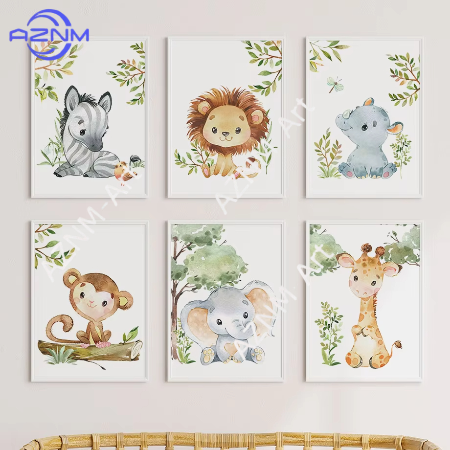 Baby Nursery Room - ภาพพิมพ์สีน้ำสัตว์ 1/6 ชิ้น สำหรับตกแต่งห้องเด็ก ลายสิงโต ม้าลาย
