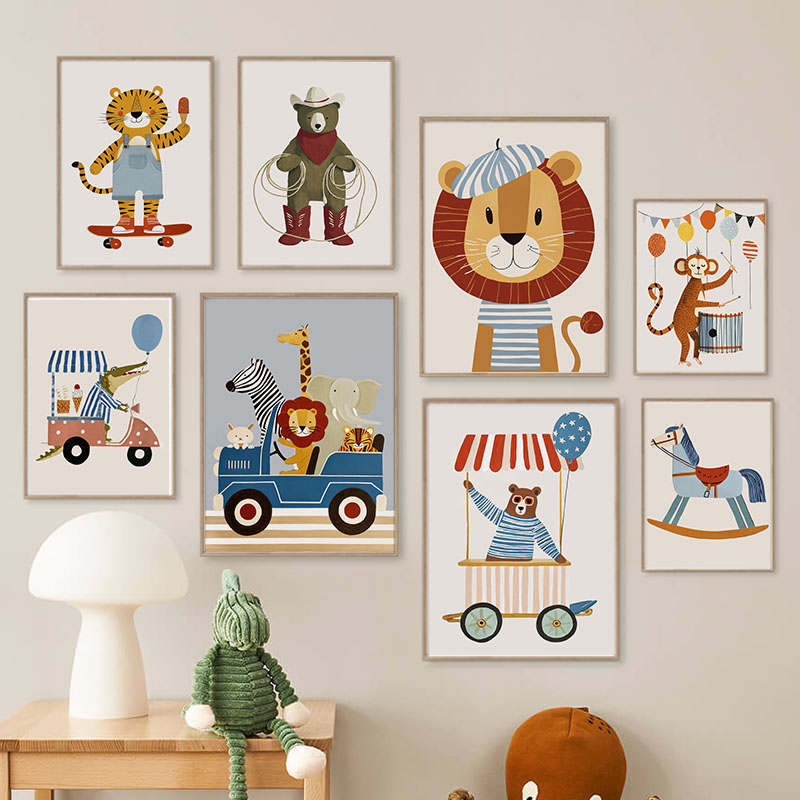 Baby Nursery Room - ภาพวาดการ์ตูนสัตว์ตลกๆ สำหรับตกแต่งผนังห้องเด็ก ภาพพิมพ์บนผ้าใบ ลายสิงโต หมี เสือ