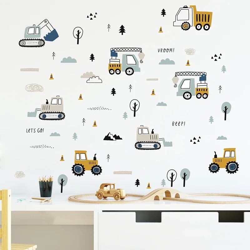 Baby Nursery Vinyl - วาดด้วยมือน่ารักรถยนต์ Cargo รถบรรทุกสติ๊กเกอร์ติดผนังเด็กรถองค์ประกอบเด็กวัยรุ่น Room Wall Decals