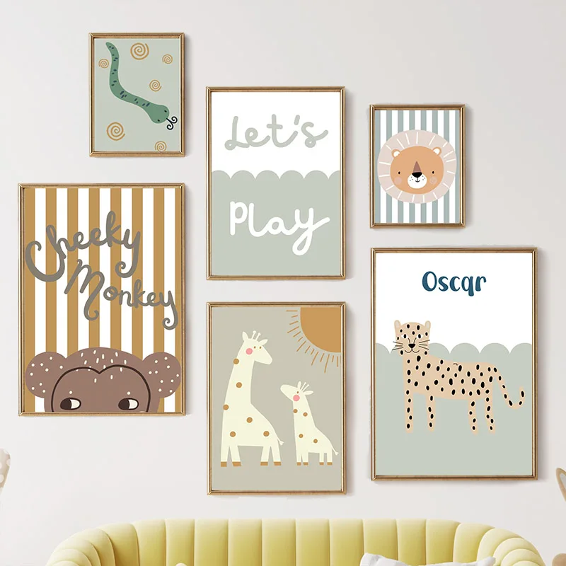 Baby Nursery Giraffe - การ์ตูนยีราฟเสือดาวสิงโตลิงงู Nursery Wall Art ภาพวาดผ้าใบโปสเตอร์และภาพพิมพ์ภาพพิมพ์ภาพสําหรับเด็กทารกตกแต่งห้อง