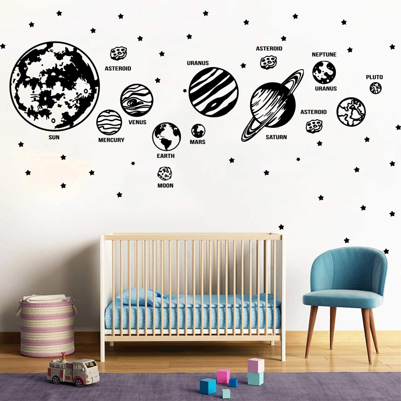 Baby Nursery Set Furniture - ดาวเคราะห์ขนาดใหญ่ระบบสุริยะอวกาศดาราศาสตร์ดาวสติกเกอร์รูปลอกติดผนังสถานรับเลี้ยงเด็กทารกห้องเด็กเล่นท้องฟ้าดาวดาวเคราะห์
