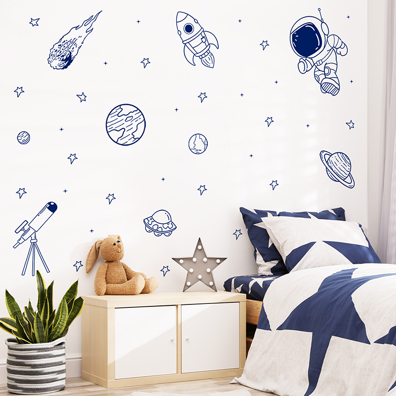Baby Nursery Vinyl - สติ๊กเกอร์ติดผนังลายการ์ตูนจักรวาล นักบินอวกาศ ดาวเคราะห์ จรวด แบบลอกติดเอง สำหรับตกแต่งห้องเด็ก