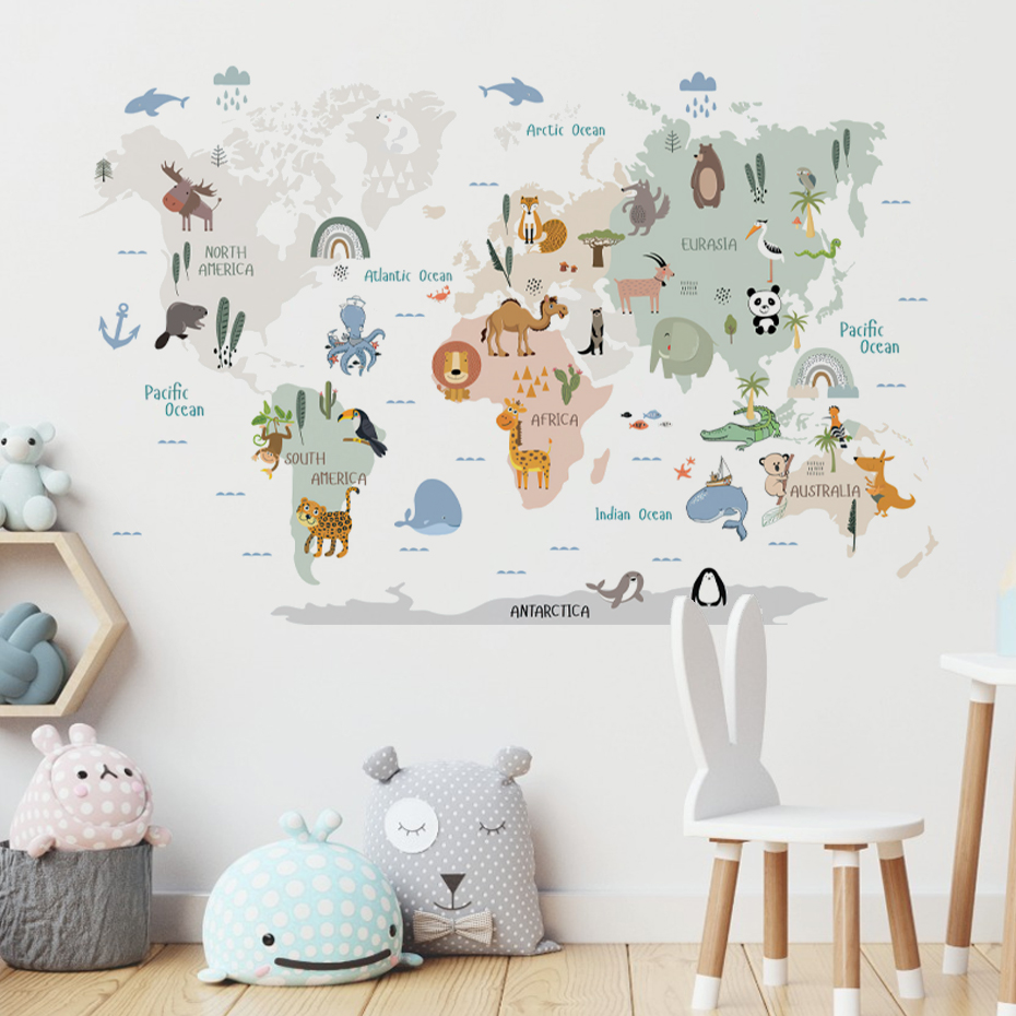 Baby Nursery Vinyl Wall Stickers - สีน้ําการ์ตูน World แผนที่สติ๊กเกอร์ติดผนังสัตว์สัตว์ป่าเด็กไวนิล Nursery Art Decals