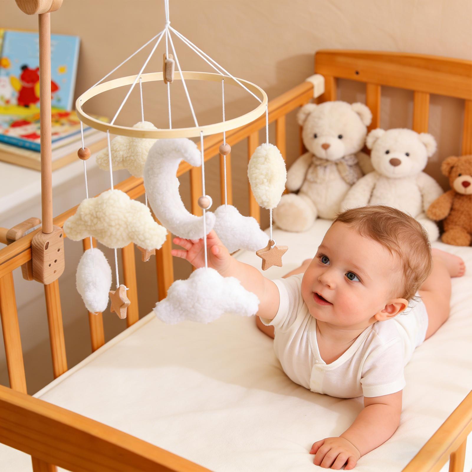 Baby Nursery Hamper - โมบายไม้สำหรับเตียงเด็ก ของเล่นเขย่ามือรูปเมฆการ์ตูนน่ารัก พร้อมขายึด โมบายแขวนเตียงเด็กแรกเกิด ของตกแต่งห้องเด็ก
