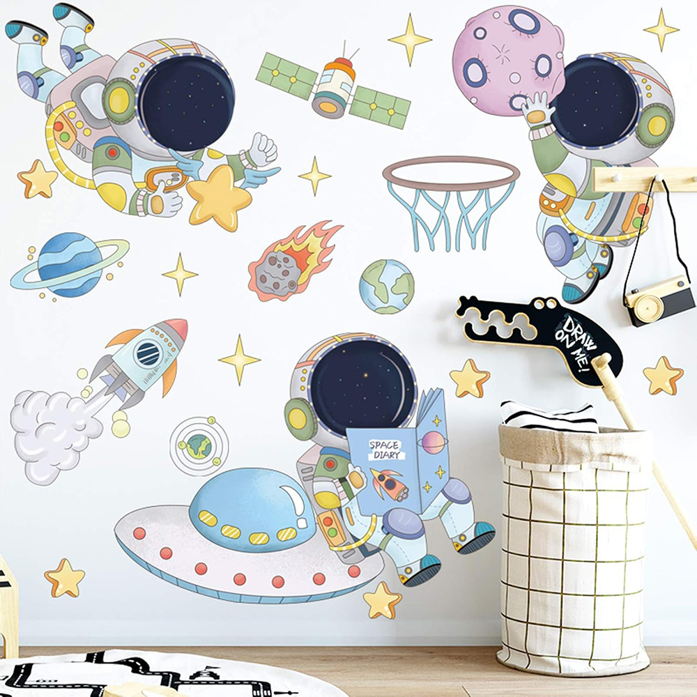 Baby Nursery Vinyl - นักบินอวกาศ Planet Space สติ๊กเกอร์ติดผนังห้องเด็กห้องเด็กเล่นเดินยานอวกาศ Spaceman Cosmonaut