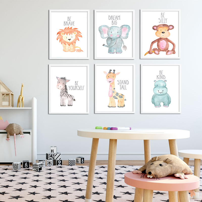 Baby Nursery Giraffe - เด็กสัตว์สิงโตช้างยีราฟโปสเตอร์ผ้าใบ Nursery Wall Art พิมพ์ภาพวาด Nordic