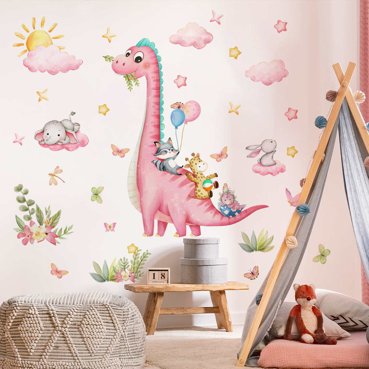 การ์ตูนขนาดใหญ่ไดโนเสาร์สีชมพู - Baby Nursery Vinyl Wall Stickers บทวิจารณ์และราคา
