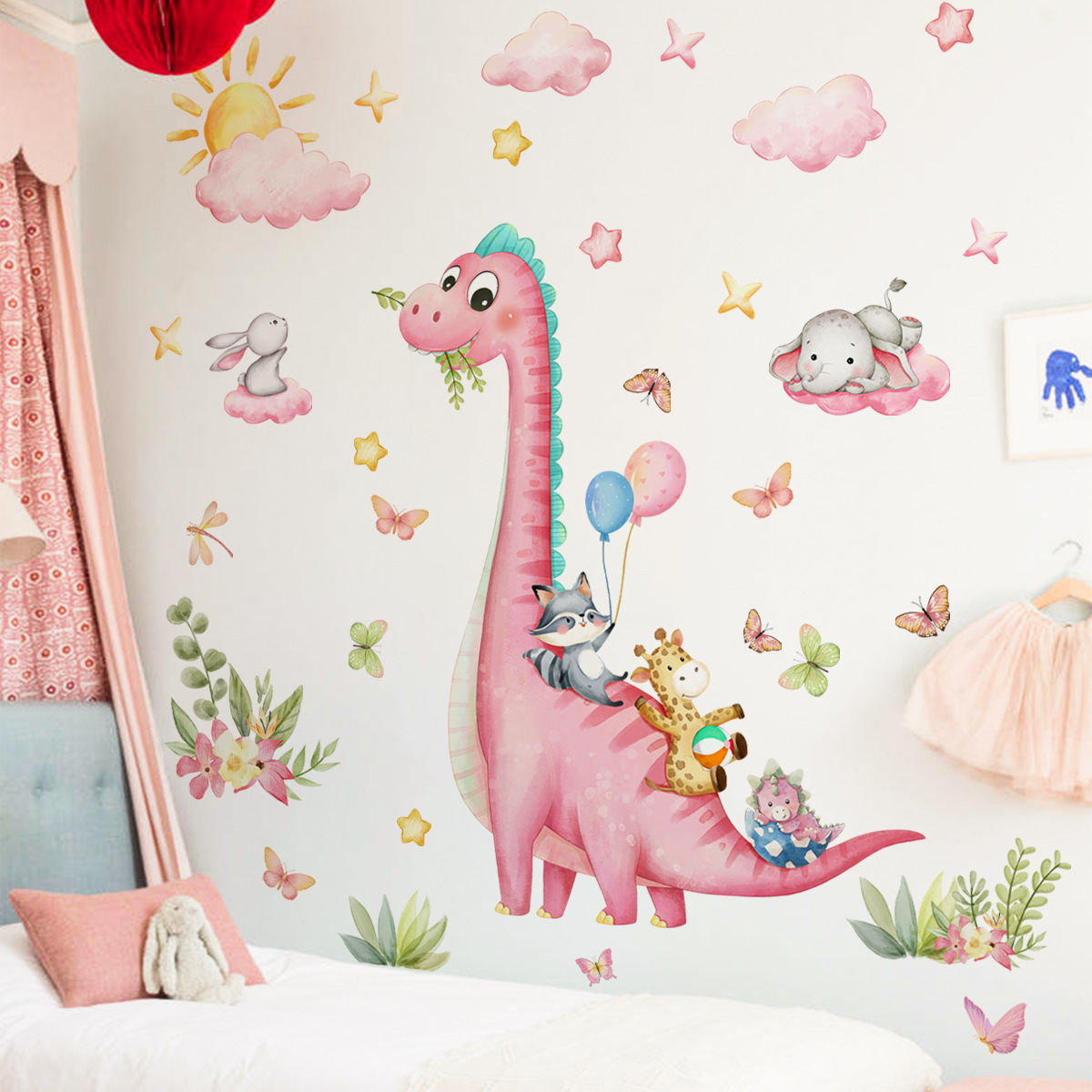 การ์ตูนขนาดใหญ่ไดโนเสาร์สีชมพู - Baby Nursery Vinyl Wall Stickers บทวิจารณ์และราคา