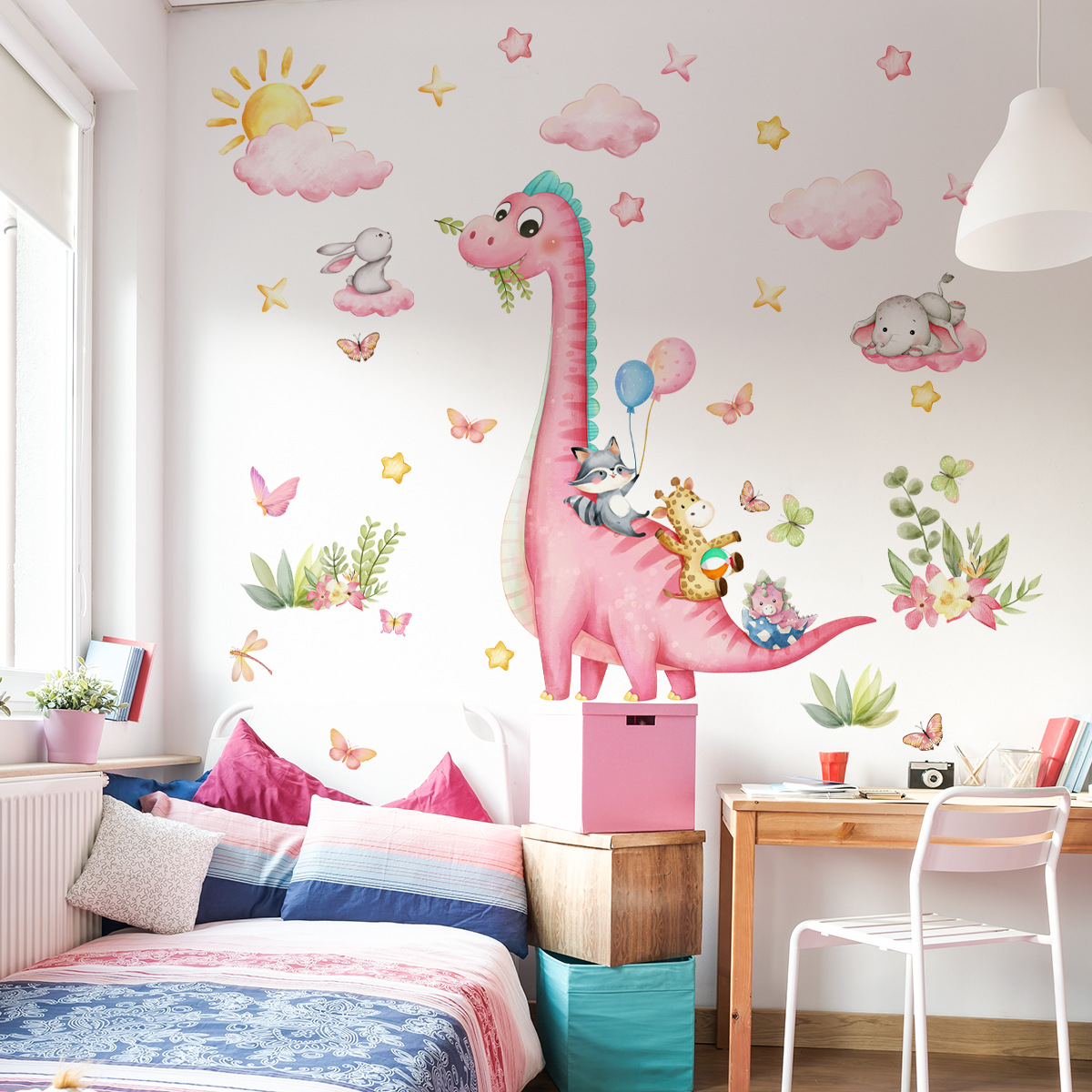 การ์ตูนขนาดใหญ่ไดโนเสาร์สีชมพู - Baby Nursery Vinyl Wall Stickers บทวิจารณ์และราคา