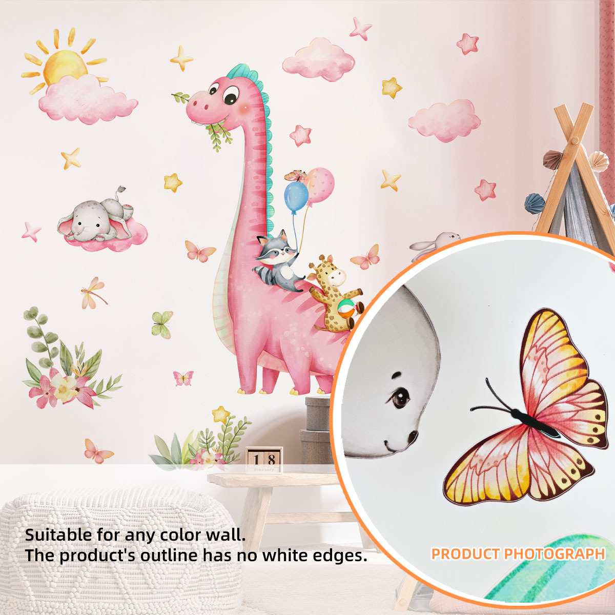 การ์ตูนขนาดใหญ่ไดโนเสาร์สีชมพู - Baby Nursery Vinyl Wall Stickers บทวิจารณ์และราคา