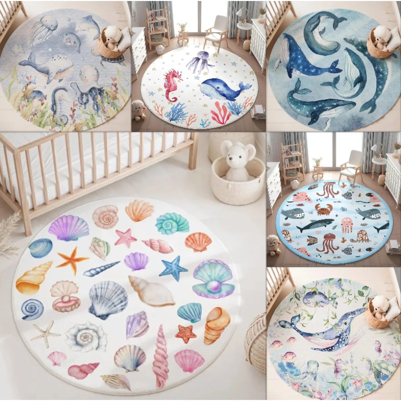 พรมทรงกลมลายสัตว์ทะเลสีน้ำเงิน - Baby Nursery Plants บทวิจารณ์และราคา