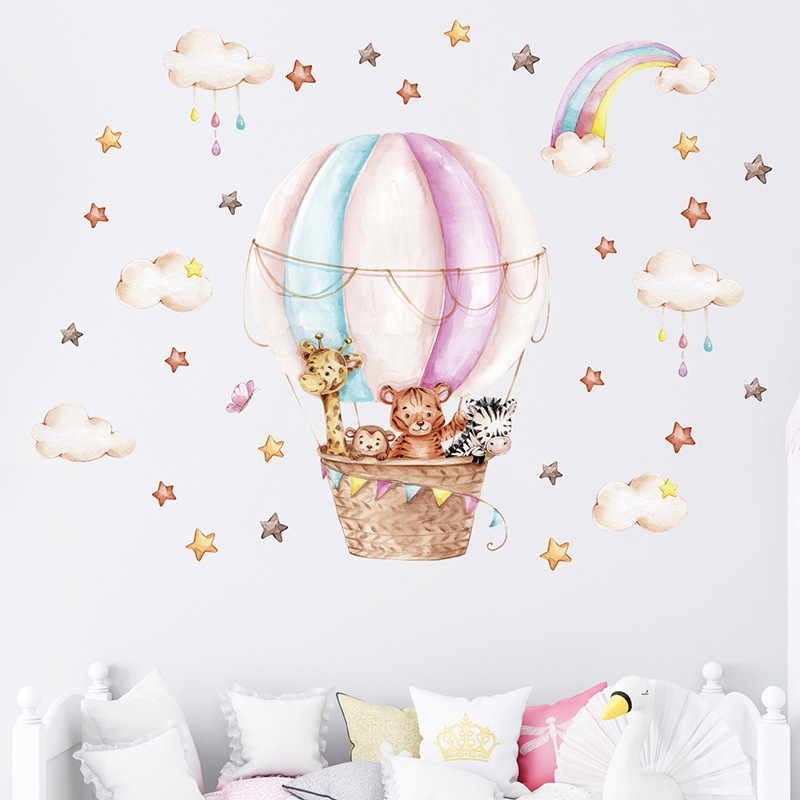สีน้ำสีชมพูบอลลูนลมร้อนสัตว์น่ - Baby Nursery Vinyl Wall Stickers บทวิจารณ์และราคา